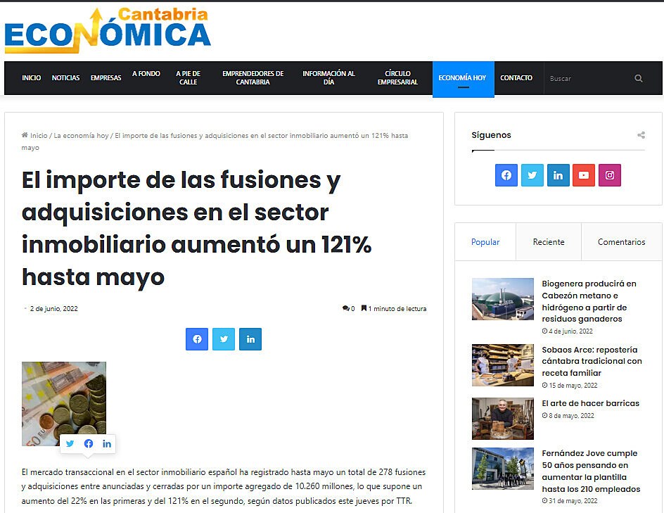 El importe de las fusiones y adquisiciones en el sector inmobiliario aument un 121% hasta mayo